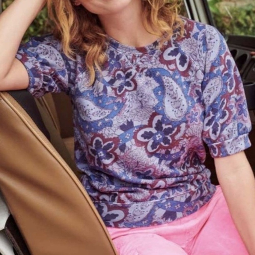 SUNDRY Blue Floral Paisley Puff Short Sleeve Lightweight Boho Lounge Sweatshirt